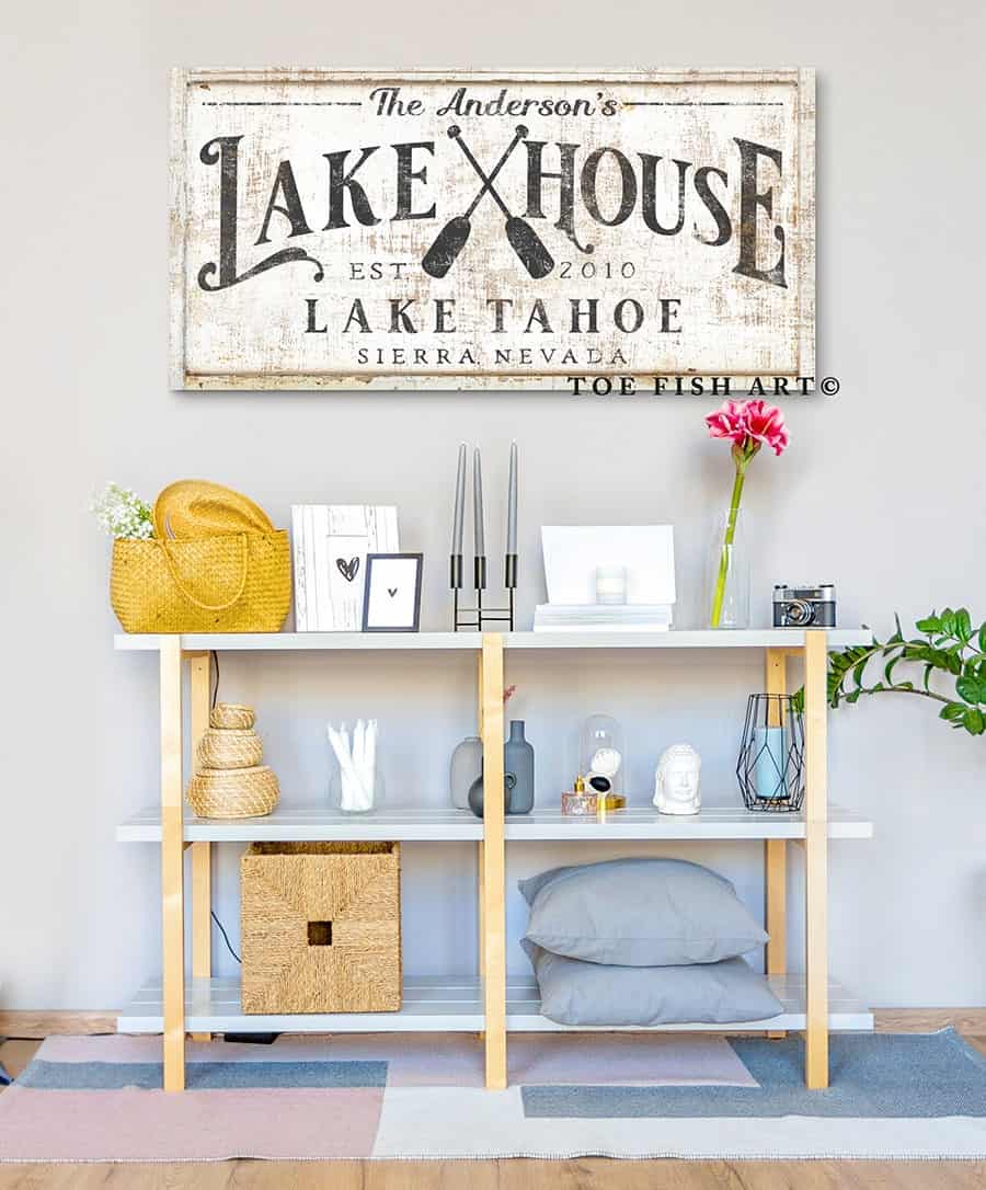 Lake House Sign handmade by ToeFishArt. Original, custom, personalized wall decor signs. Canvas, Wood or Metal. Rustic modern farmhouse, cottagecore, vintage, retro, industrial, Americana, primitive, country, coastal, minimalist.