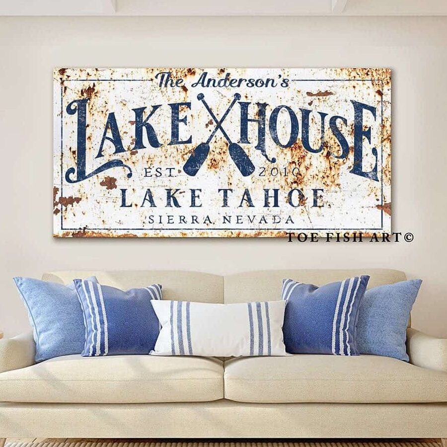Lake House Sign handmade by ToeFishArt. Original, custom, personalized wall decor signs. Canvas, Wood or Metal. Rustic modern farmhouse, cottagecore, vintage, retro, industrial, Americana, primitive, country, coastal, minimalist.