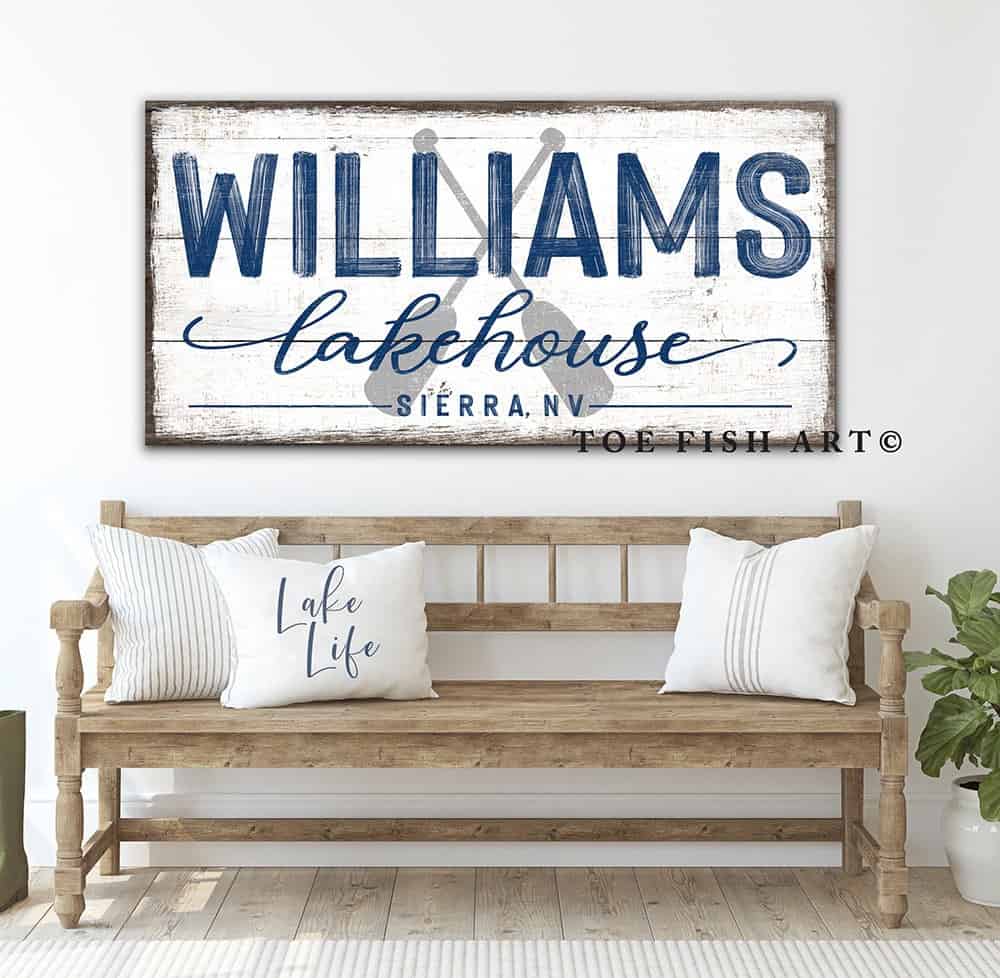 Lake House Sign handmade by ToeFishArt. Original, custom, personalized wall decor signs. Canvas, Wood or Metal. Rustic modern farmhouse, cottagecore, vintage, retro, industrial, Americana, primitive, country, coastal, minimalist.