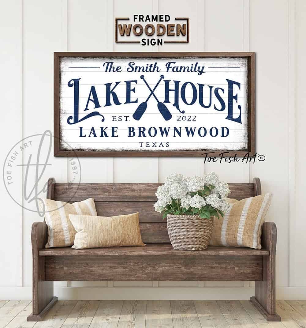 Lake House Sign with Oars handmade by ToeFishArt. Original, custom, personalized wall decor signs. Canvas, Wood or Metal. Rustic modern farmhouse, cottagecore, vintage, retro, industrial, Americana, primitive, country, coastal, minimalist.