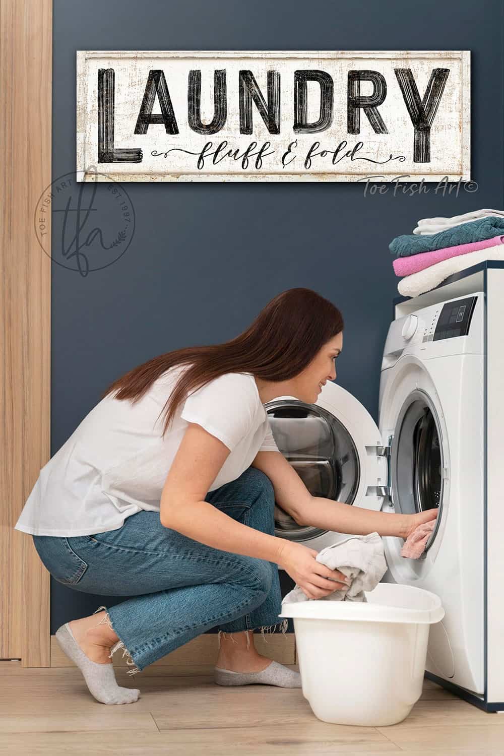 Add a fun touch to your laundry room, utility room, or mudroom with the witty wording of Toe Fish Art's Laundry Sign. This piece adds vintage modern farmhouse flair to any home. Be surrounded by decor you LOVE! Choose between premium framed canvas or durable outdoor metal. Toe Fish Art makes artisan wall art with American materials. Proudly Made in the USA, each piece is expertly constructed with genuine craftsmanship, heritage quality, and rustic charm.