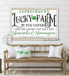 Leprechaun's Lucky Farm Sign handmade by ToeFishArt. Original, custom, personalized wall decor signs. Canvas, Wood or Metal. Rustic modern farmhouse, cottagecore, vintage, retro, industrial, Americana, primitive, country, coastal, minimalist.