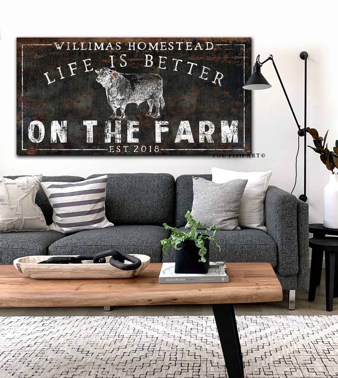 Life Is Better On the Farm Sign handmade by ToeFishArt. Original, custom, personalized wall decor signs. Canvas, Wood or Metal. Rustic modern farmhouse, cottagecore, vintage, retro, industrial, Americana, primitive, country, coastal, minimalist.