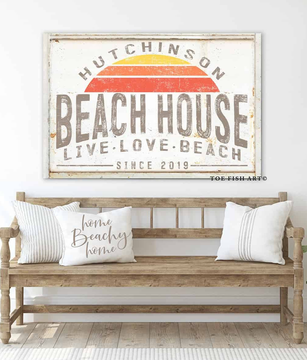 Live Love Beach Beach House Sign handmade by ToeFishArt. Original, custom, personalized wall decor signs. Canvas, Wood or Metal. Rustic modern farmhouse, cottagecore, vintage, retro, industrial, Americana, primitive, country, coastal, minimalist.