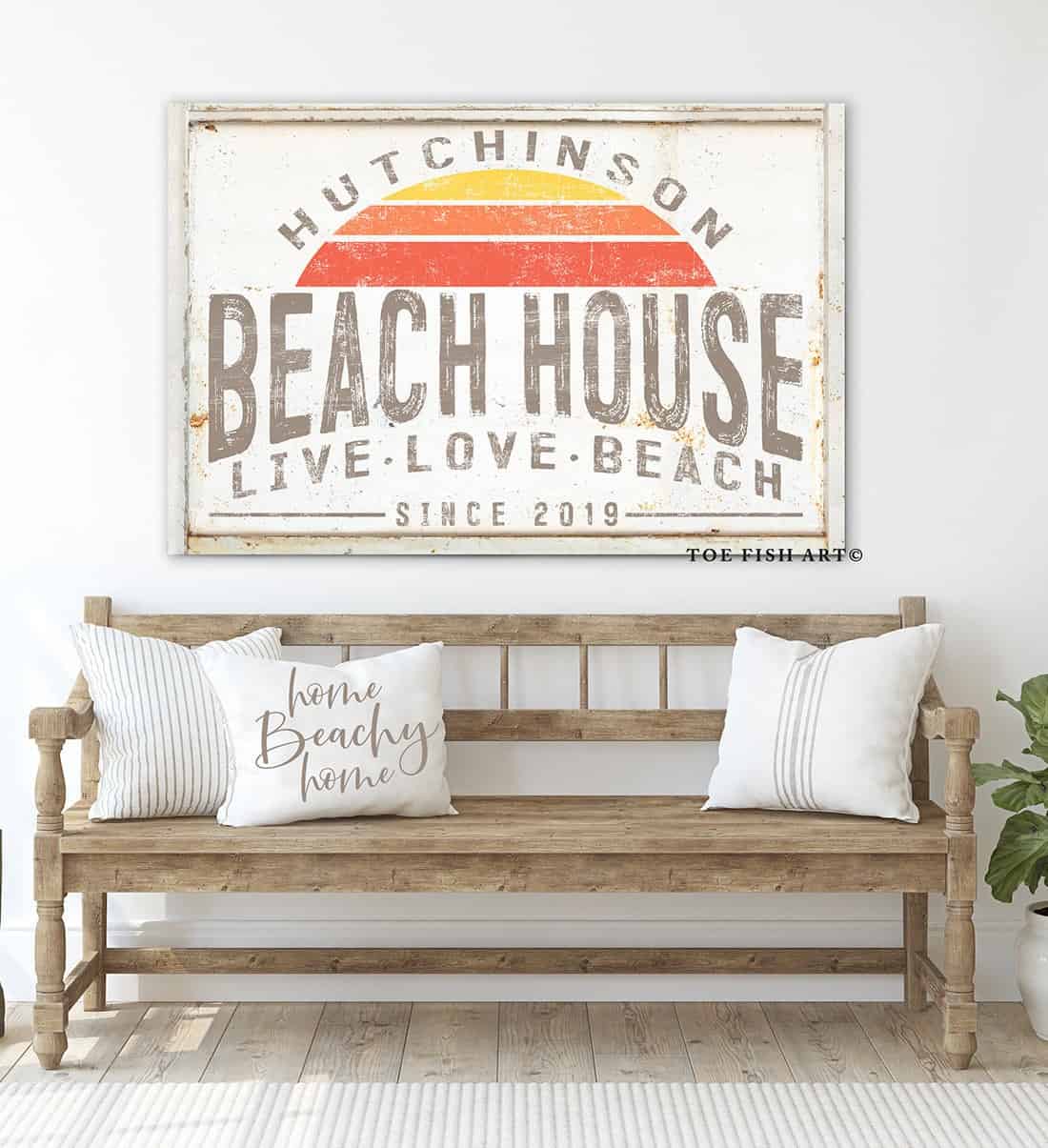 Live Love Beach Beach House Sign handmade by ToeFishArt. Original, custom, personalized wall decor signs. Canvas, Wood or Metal. Rustic modern farmhouse, cottagecore, vintage, retro, industrial, Americana, primitive, country, coastal, minimalist.