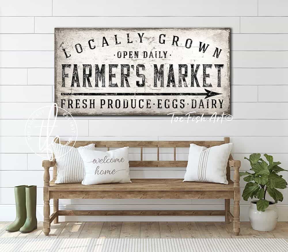 Locally Grown Farmers Market Sign handmade by ToeFishArt. Original, custom, personalized wall decor signs. Canvas, Wood or Metal. Rustic modern farmhouse, cottagecore, vintage, retro, industrial, Americana, primitive, country, coastal, minimalist.