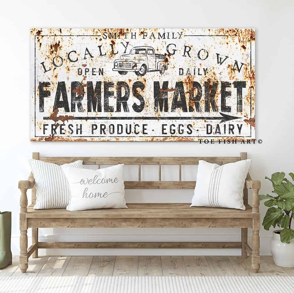 Locally Grown Farmers Market Sign handmade by ToeFishArt. Original, custom, personalized wall decor signs. Canvas, Wood or Metal. Rustic modern farmhouse, cottagecore, vintage, retro, industrial, Americana, primitive, country, coastal, minimalist.