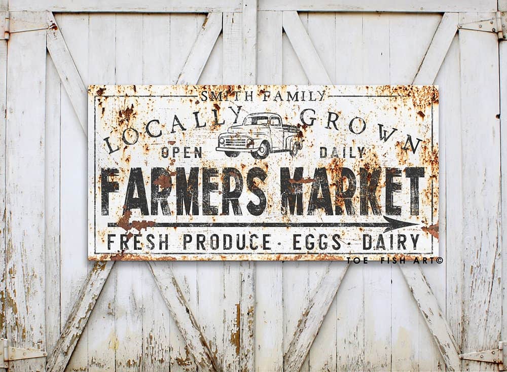 Locally Grown Farmers Market Sign handmade by ToeFishArt. Original, custom, personalized wall decor signs. Canvas, Wood or Metal. Rustic modern farmhouse, cottagecore, vintage, retro, industrial, Americana, primitive, country, coastal, minimalist.