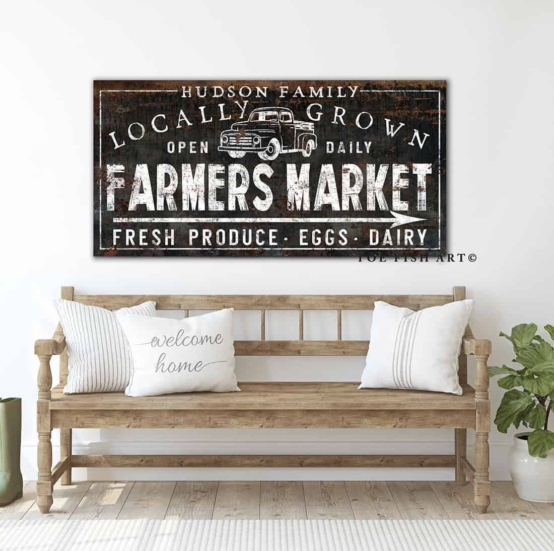 Locally Grown Farmers Market Sign handmade by ToeFishArt. Original, custom, personalized wall decor signs. Canvas, Wood or Metal. Rustic modern farmhouse, cottagecore, vintage, retro, industrial, Americana, primitive, country, coastal, minimalist.