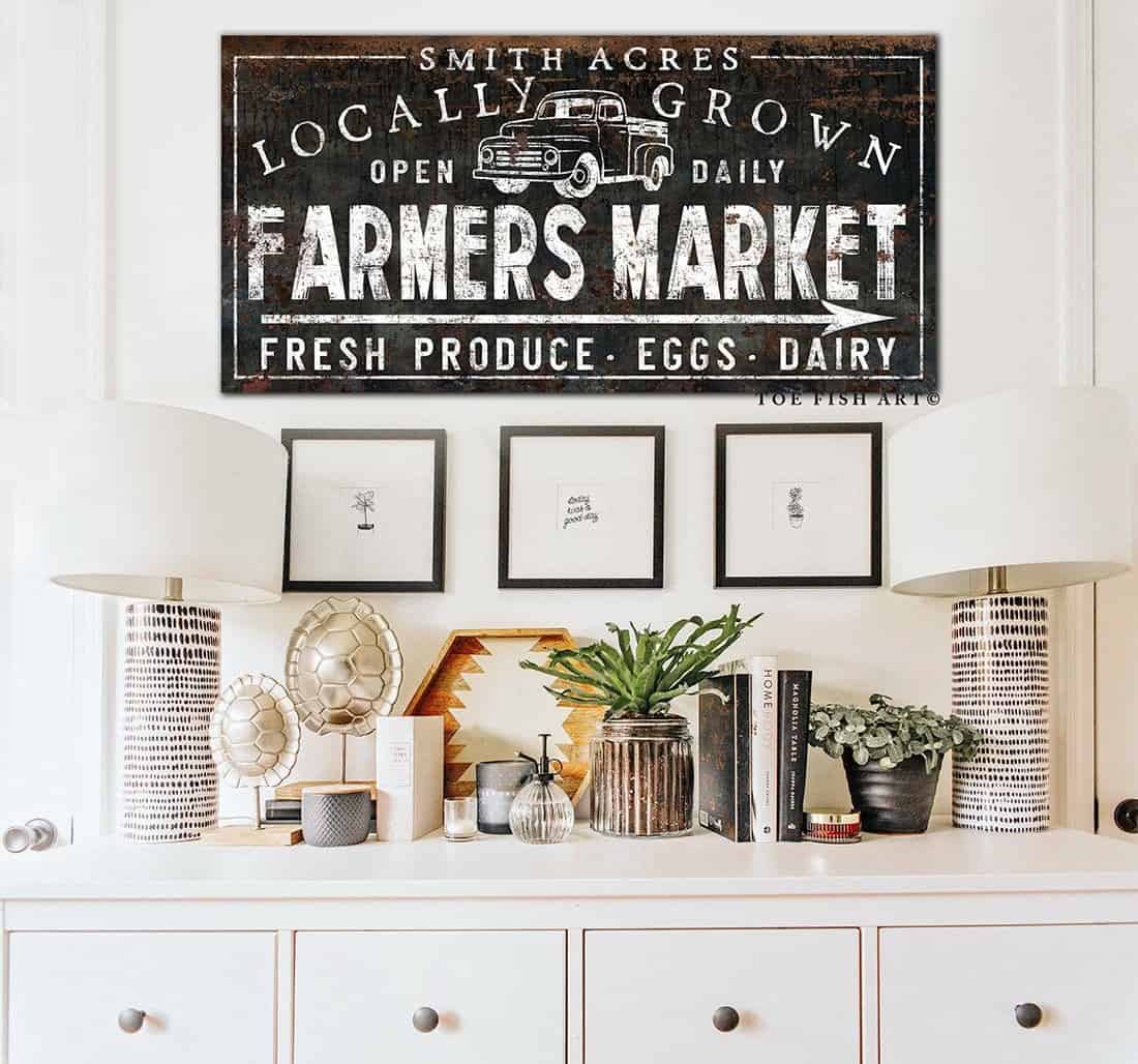 Locally Grown Farmers Market Sign handmade by ToeFishArt. Original, custom, personalized wall decor signs. Canvas, Wood or Metal. Rustic modern farmhouse, cottagecore, vintage, retro, industrial, Americana, primitive, country, coastal, minimalist.