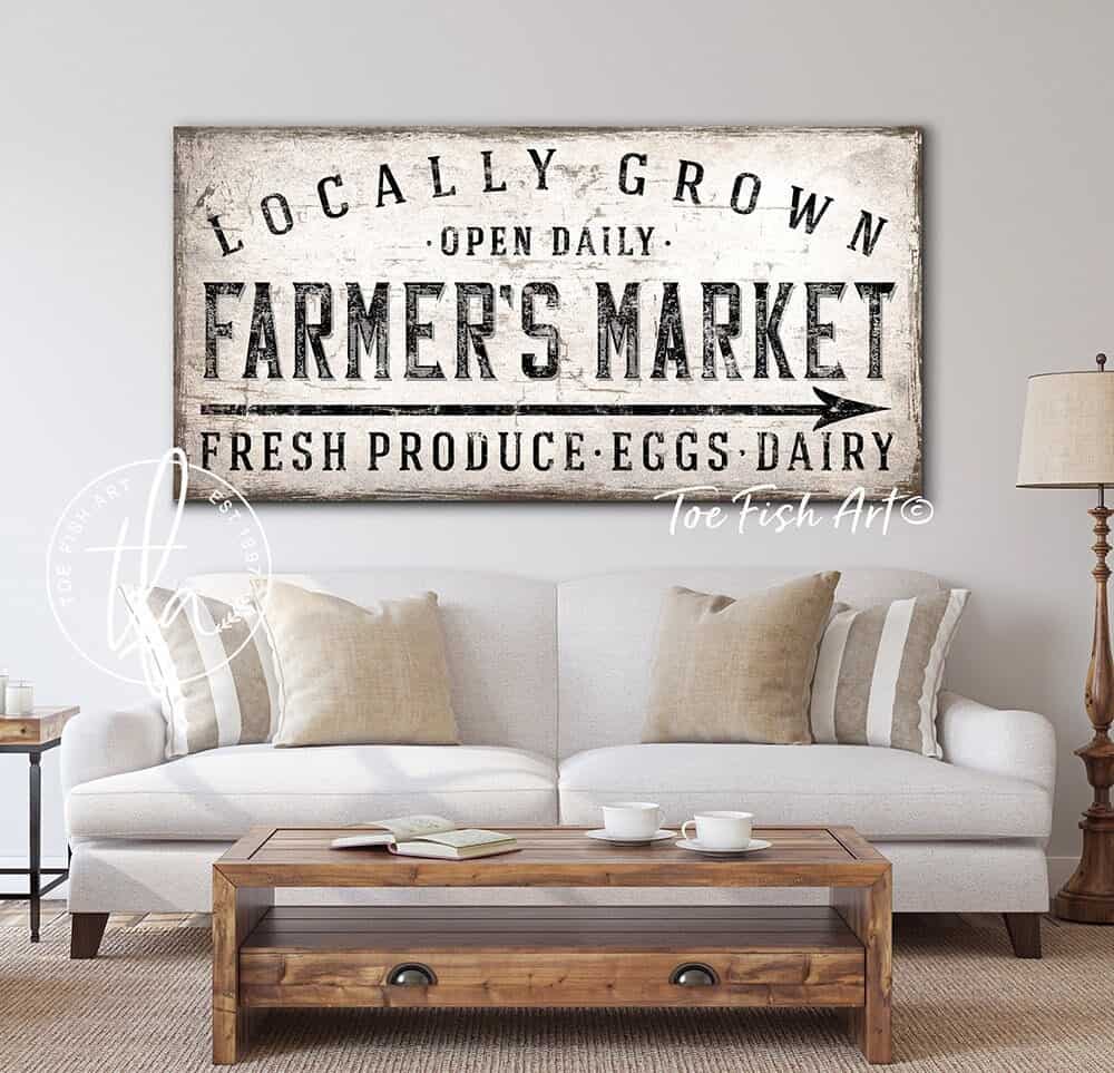 Locally Grown Farmers Market Sign handmade by ToeFishArt. Original, custom, personalized wall decor signs. Canvas, Wood or Metal. Rustic modern farmhouse, cottagecore, vintage, retro, industrial, Americana, primitive, country, coastal, minimalist.