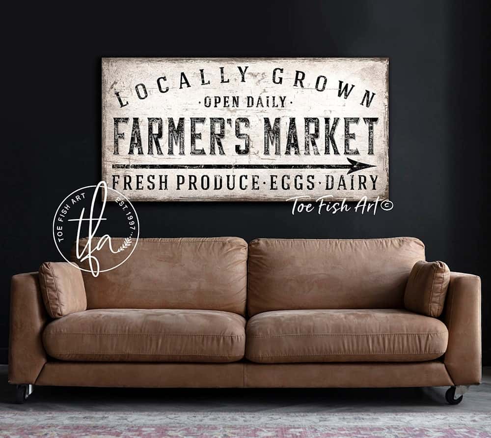 Locally Grown Farmers Market Sign handmade by ToeFishArt. Original, custom, personalized wall decor signs. Canvas, Wood or Metal. Rustic modern farmhouse, cottagecore, vintage, retro, industrial, Americana, primitive, country, coastal, minimalist.
