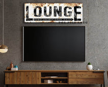Lounge Sign handmade by ToeFishArt. Original, custom, personalized wall decor signs. Canvas, Wood or Metal. Rustic modern farmhouse, cottagecore, vintage, retro, industrial, Americana, primitive, country, coastal, minimalist.