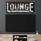Lounge Sign handmade by ToeFishArt. Original, custom, personalized wall decor signs. Canvas, Wood or Metal. Rustic modern farmhouse, cottagecore, vintage, retro, industrial, Americana, primitive, country, coastal, minimalist.