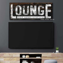 Lounge Sign handmade by ToeFishArt. Original, custom, personalized wall decor signs. Canvas, Wood or Metal. Rustic modern farmhouse, cottagecore, vintage, retro, industrial, Americana, primitive, country, coastal, minimalist.