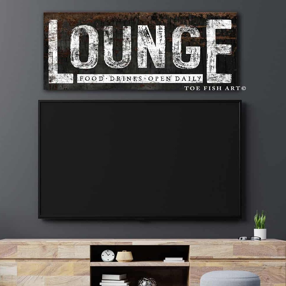 Lounge Sign handmade by ToeFishArt. Original, custom, personalized wall decor signs. Canvas, Wood or Metal. Rustic modern farmhouse, cottagecore, vintage, retro, industrial, Americana, primitive, country, coastal, minimalist.