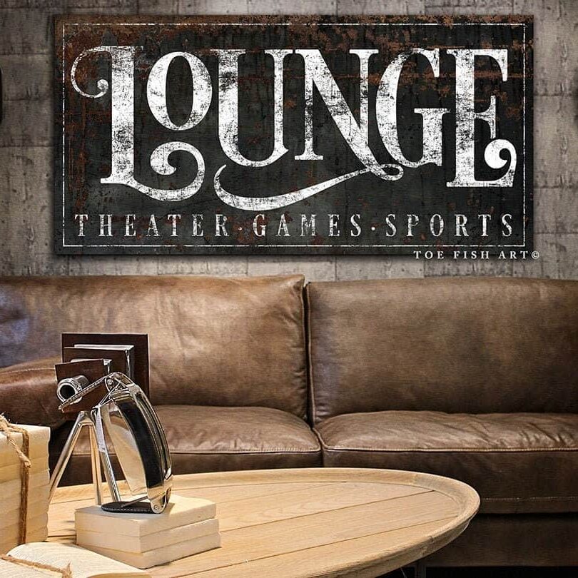 Lounge Sign handmade by ToeFishArt. Original, custom, personalized wall decor signs. Canvas, Wood or Metal. Rustic modern farmhouse, cottagecore, vintage, retro, industrial, Americana, primitive, country, coastal, minimalist.