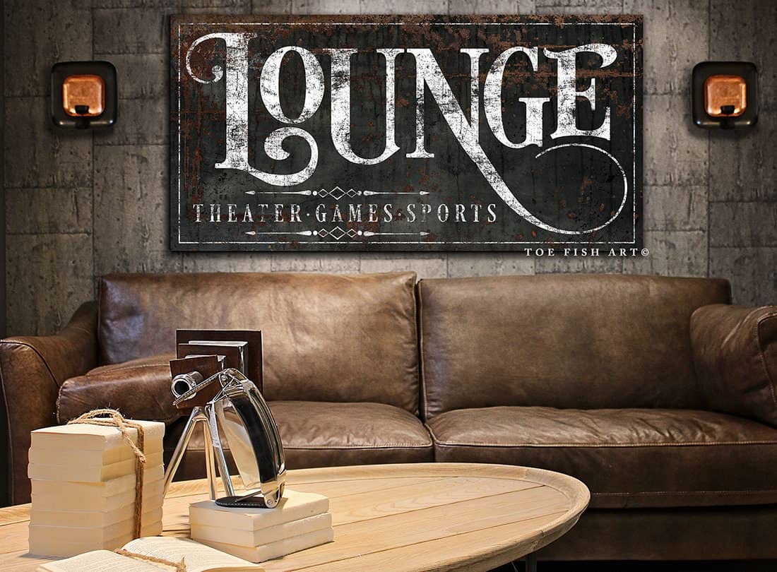 Lounge Sign handmade by ToeFishArt. Original, custom, personalized wall decor signs. Canvas, Wood or Metal. Rustic modern farmhouse, cottagecore, vintage, retro, industrial, Americana, primitive, country, coastal, minimalist.