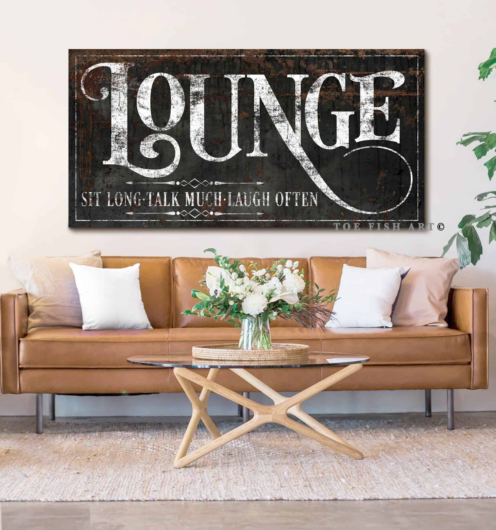 Lounge Sign handmade by ToeFishArt. Original, custom, personalized wall decor signs. Canvas, Wood or Metal. Rustic modern farmhouse, cottagecore, vintage, retro, industrial, Americana, primitive, country, coastal, minimalist.