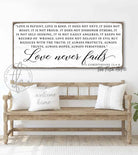 Love Never Fails Sign handmade by ToeFishArt. Original, custom, personalized wall decor signs. Canvas, Wood or Metal. Rustic modern farmhouse, cottagecore, vintage, retro, industrial, Americana, primitive, country, coastal, minimalist.
