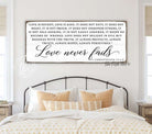 Love Never Fails Sign handmade by ToeFishArt. Original, custom, personalized wall decor signs. Canvas, Wood or Metal. Rustic modern farmhouse, cottagecore, vintage, retro, industrial, Americana, primitive, country, coastal, minimalist.