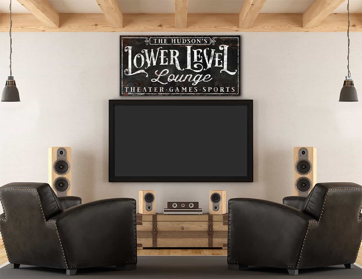 Lower Level Lounge Sign handmade by ToeFishArt. Original, custom, personalized wall decor signs. Canvas, Wood or Metal. Rustic modern farmhouse, cottagecore, vintage, retro, industrial, Americana, primitive, country, coastal, minimalist.