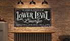 Lower Level Lounge Sign handmade by ToeFishArt. Original, custom, personalized wall decor signs. Canvas, Wood or Metal. Rustic modern farmhouse, cottagecore, vintage, retro, industrial, Americana, primitive, country, coastal, minimalist.