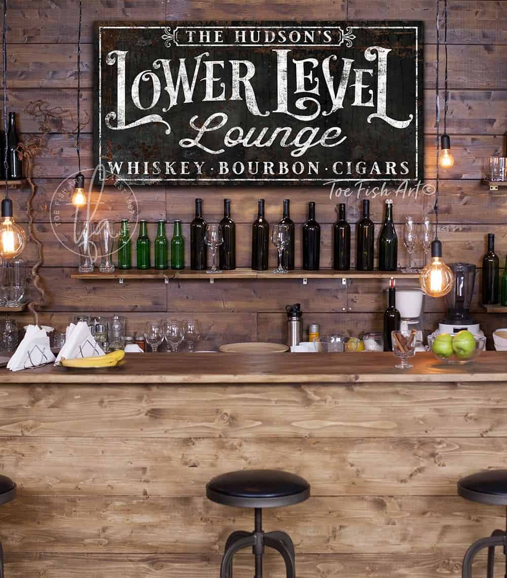 Lower Level Lounge Sign handmade by ToeFishArt. Original, custom, personalized wall decor signs. Canvas, Wood or Metal. Rustic modern farmhouse, cottagecore, vintage, retro, industrial, Americana, primitive, country, coastal, minimalist.