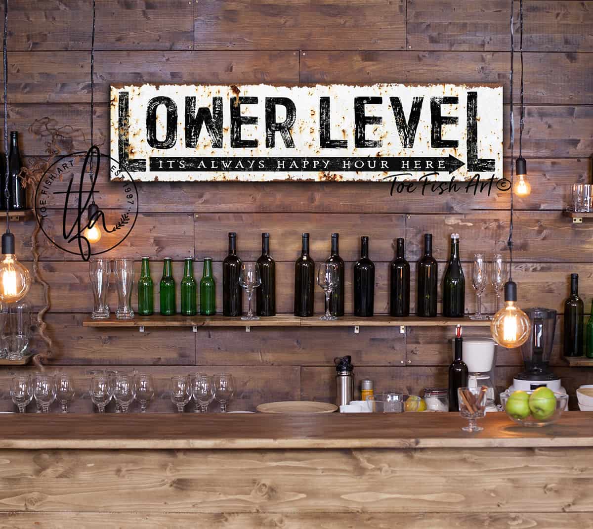 Lower Level Sign handmade by ToeFishArt. Original, custom, personalized wall decor signs. Canvas, Wood or Metal. Rustic modern farmhouse, cottagecore, vintage, retro, industrial, Americana, primitive, country, coastal, minimalist.
