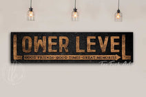 Lower Level Sign handmade by ToeFishArt. Original, custom, personalized wall decor signs. Canvas, Wood or Metal. Rustic modern farmhouse, cottagecore, vintage, retro, industrial, Americana, primitive, country, coastal, minimalist.