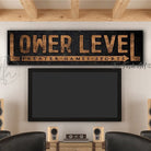 Lower Level Sign handmade by ToeFishArt. Original, custom, personalized wall decor signs. Canvas, Wood or Metal. Rustic modern farmhouse, cottagecore, vintage, retro, industrial, Americana, primitive, country, coastal, minimalist.