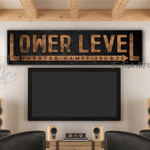 Lower Level Sign handmade by ToeFishArt. Original, custom, personalized wall decor signs. Canvas, Wood or Metal. Rustic modern farmhouse, cottagecore, vintage, retro, industrial, Americana, primitive, country, coastal, minimalist.