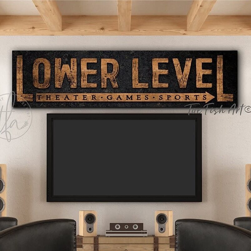 Lower Level Sign handmade by ToeFishArt. Original, custom, personalized wall decor signs. Canvas, Wood or Metal. Rustic modern farmhouse, cottagecore, vintage, retro, industrial, Americana, primitive, country, coastal, minimalist.