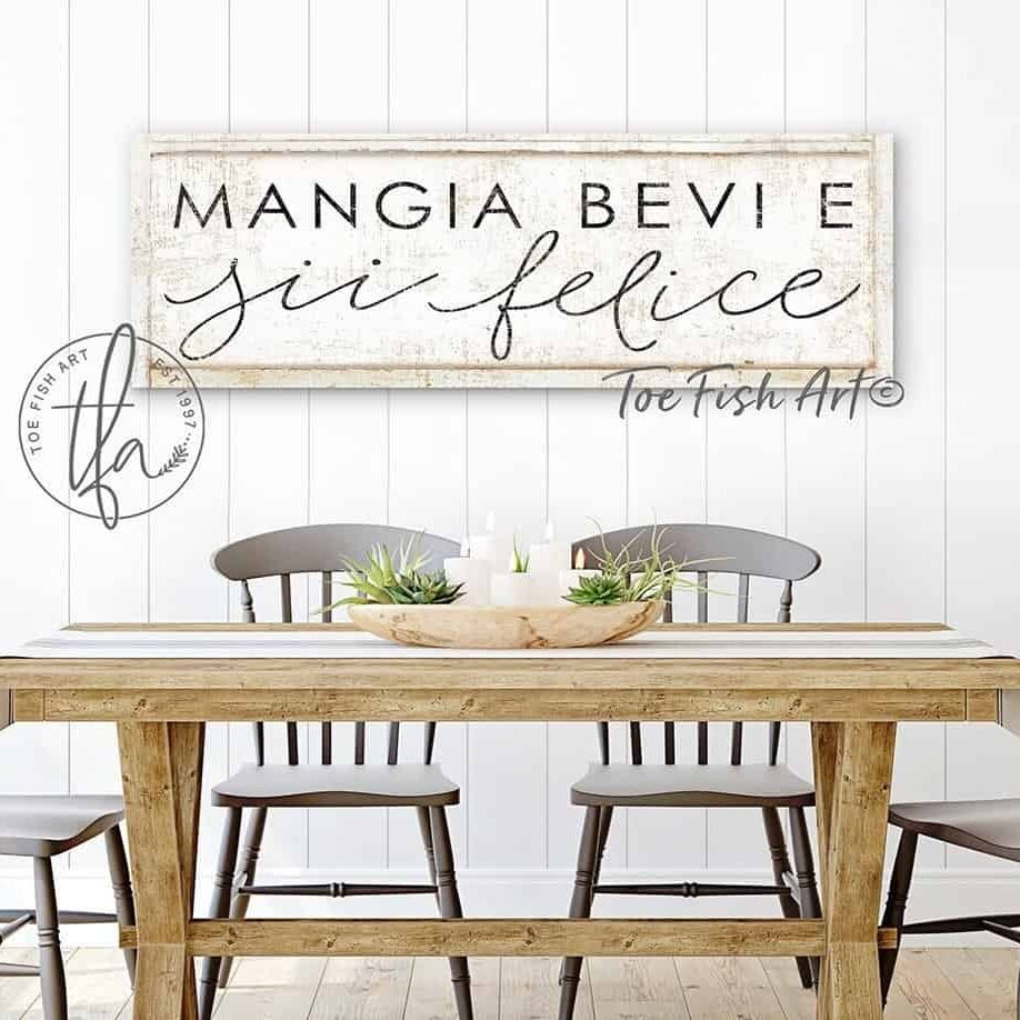 Mangia Beve e Sii Felice Sign handmade by ToeFishArt. Original, custom, personalized wall decor signs. Canvas, Wood or Metal. Rustic modern farmhouse, cottagecore, vintage, retro, industrial, Americana, primitive, country, coastal, minimalist.