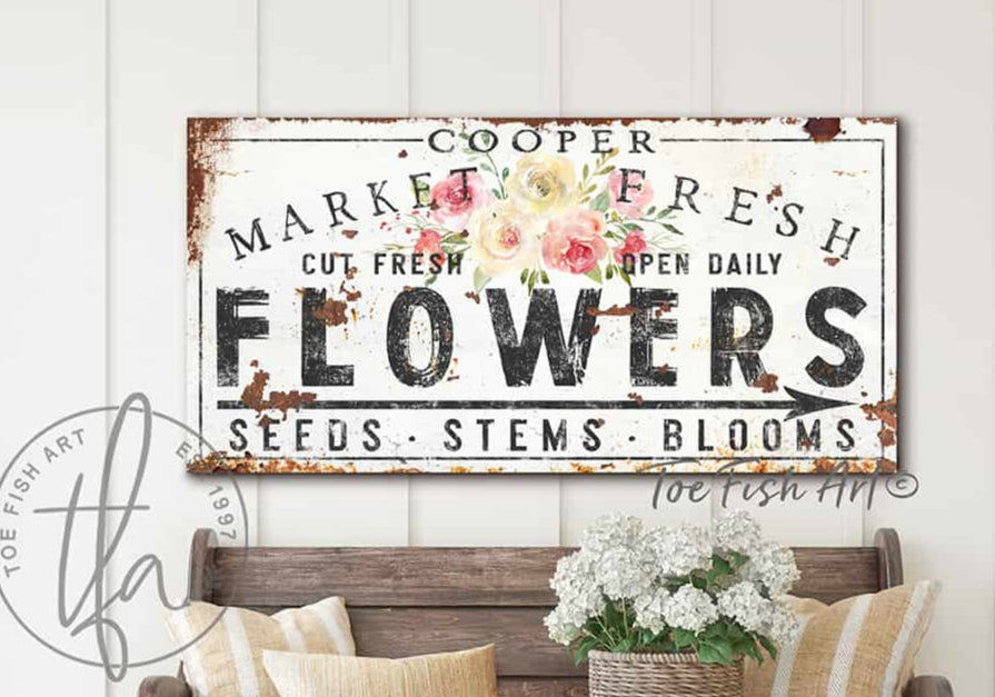 Market Fresh Flowers Metal or Canvas Personalize-able Sign with Color Options