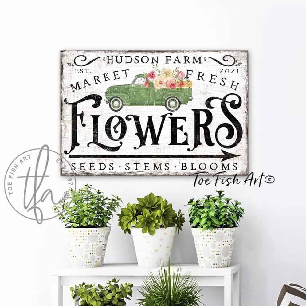 Market Fresh Flowers Sign handmade by ToeFishArt. Original, custom, personalized wall decor signs. Canvas, Wood or Metal. Rustic modern farmhouse, cottagecore, vintage, retro, industrial, Americana, primitive, country, coastal, minimalist.