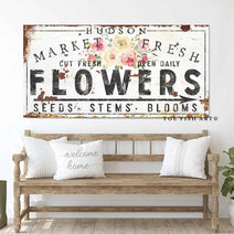 Market Fresh Flowers Sign handmade by ToeFishArt. Original, custom, personalized wall decor signs. Canvas, Wood or Metal. Rustic modern farmhouse, cottagecore, vintage, retro, industrial, Americana, primitive, country, coastal, minimalist.