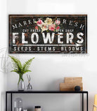 Market Fresh Flowers Sign handmade by ToeFishArt. Original, custom, personalized wall decor signs. Canvas, Wood or Metal. Rustic modern farmhouse, cottagecore, vintage, retro, industrial, Americana, primitive, country, coastal, minimalist.