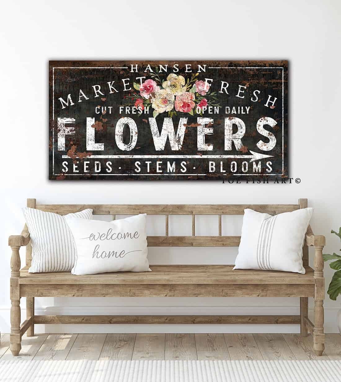Market Fresh Flowers Sign handmade by ToeFishArt. Original, custom, personalized wall decor signs. Canvas, Wood or Metal. Rustic modern farmhouse, cottagecore, vintage, retro, industrial, Americana, primitive, country, coastal, minimalist.