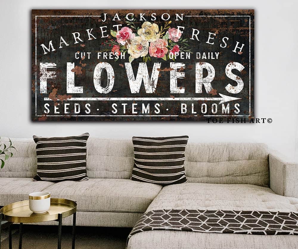 Market Fresh Flowers Sign handmade by ToeFishArt. Original, custom, personalized wall decor signs. Canvas, Wood or Metal. Rustic modern farmhouse, cottagecore, vintage, retro, industrial, Americana, primitive, country, coastal, minimalist.