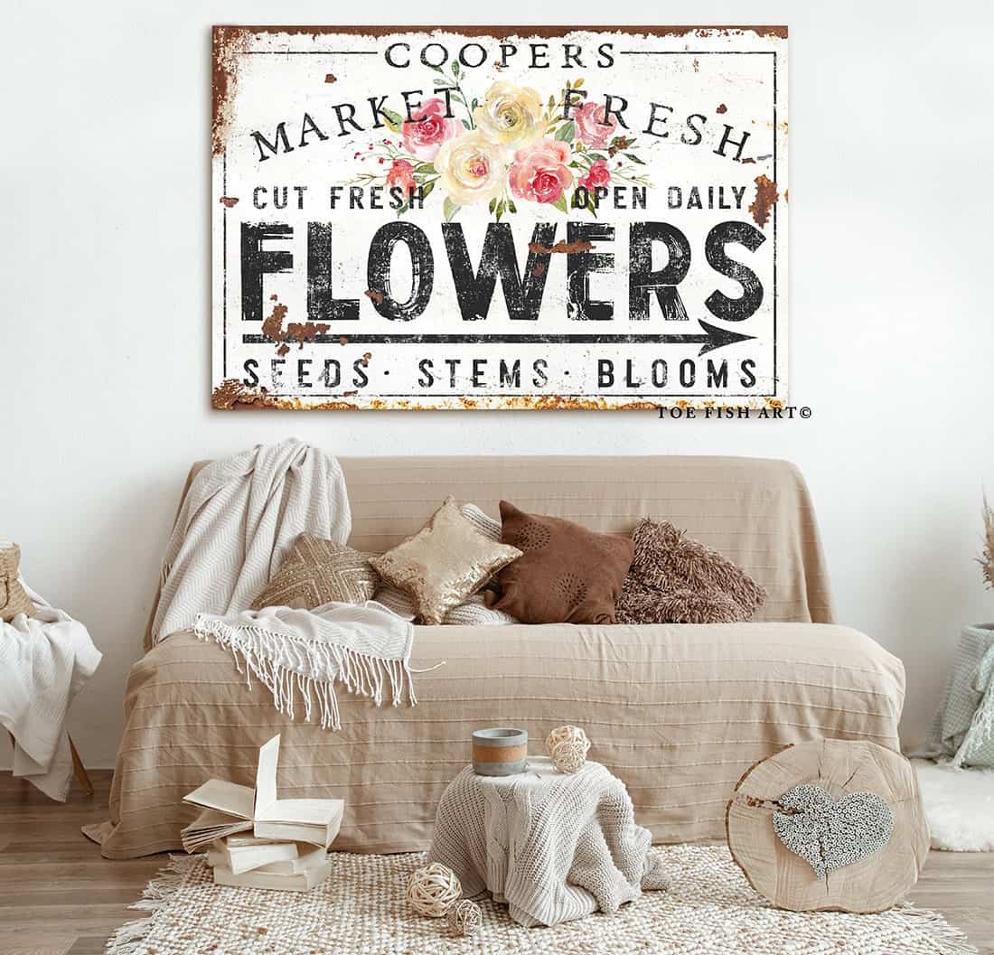 Market Fresh Flowers Sign handmade by ToeFishArt. Original, custom, personalized wall decor signs. Canvas, Wood or Metal. Rustic modern farmhouse, cottagecore, vintage, retro, industrial, Americana, primitive, country, coastal, minimalist.