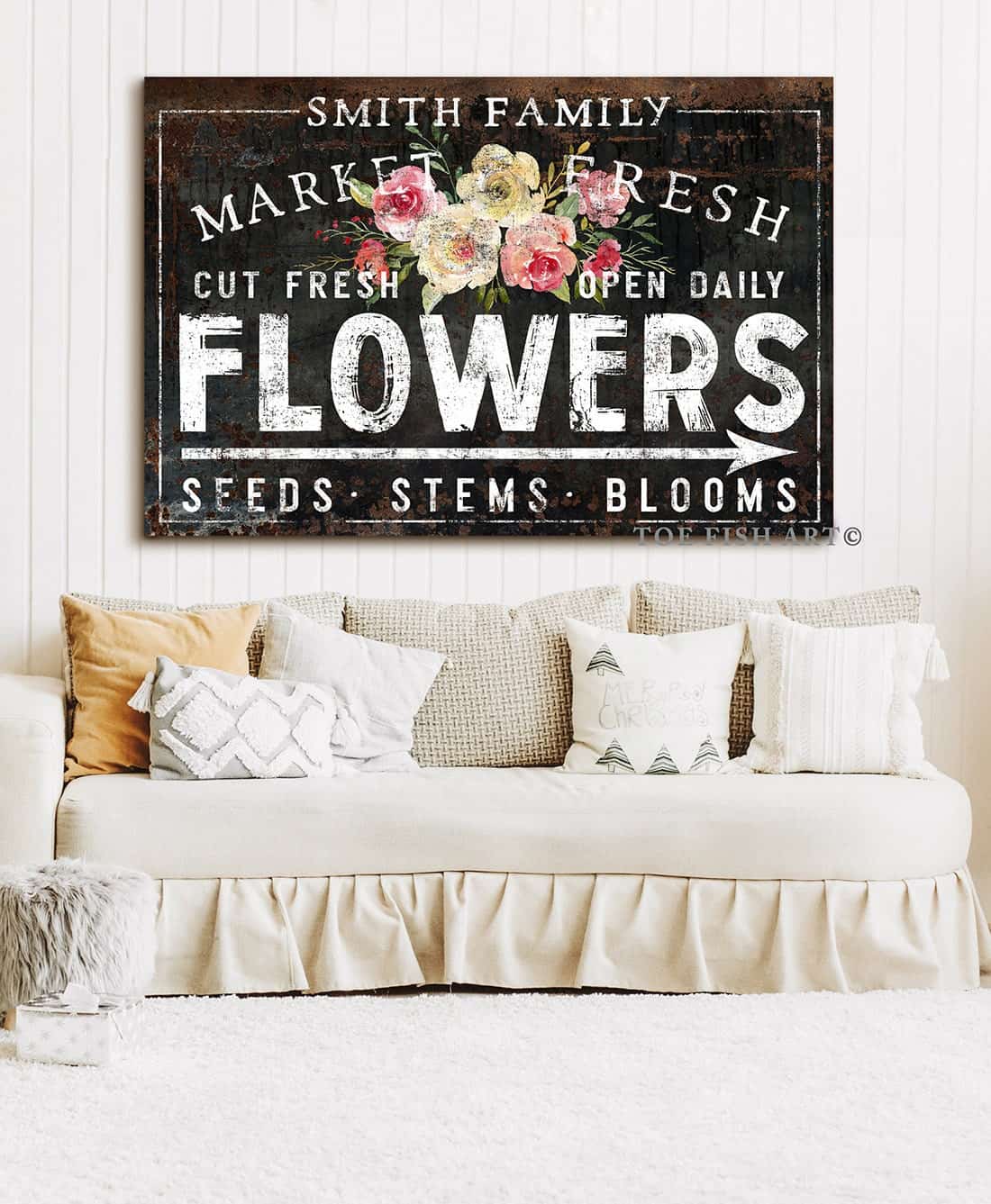 Market Fresh Flowers Sign handmade by ToeFishArt. Original, custom, personalized wall decor signs. Canvas, Wood or Metal. Rustic modern farmhouse, cottagecore, vintage, retro, industrial, Americana, primitive, country, coastal, minimalist.