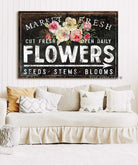 Market Fresh Flowers Sign handmade by ToeFishArt. Original, custom, personalized wall decor signs. Canvas, Wood or Metal. Rustic modern farmhouse, cottagecore, vintage, retro, industrial, Americana, primitive, country, coastal, minimalist.