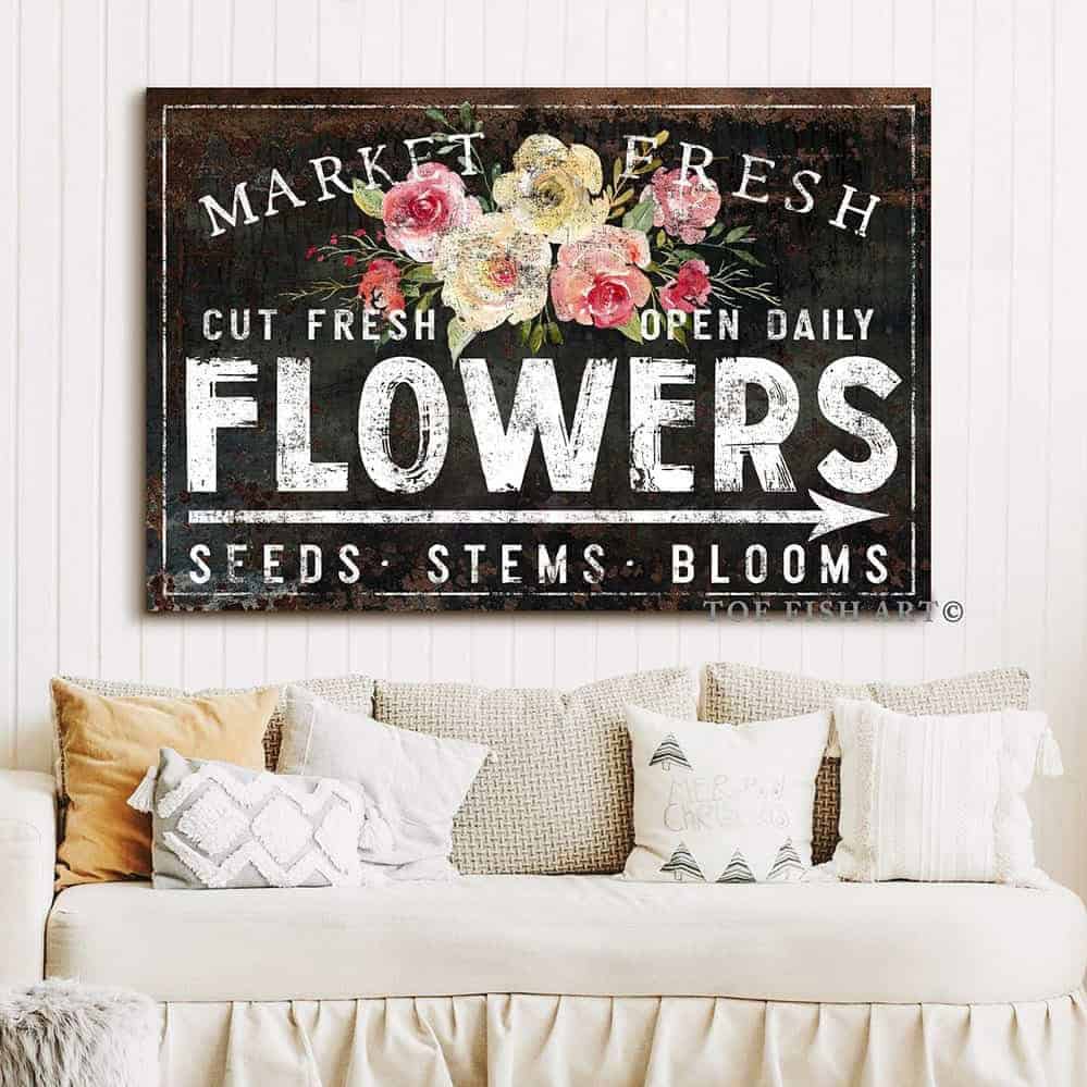 Market Fresh Flowers Sign handmade by ToeFishArt. Original, custom, personalized wall decor signs. Canvas, Wood or Metal. Rustic modern farmhouse, cottagecore, vintage, retro, industrial, Americana, primitive, country, coastal, minimalist.