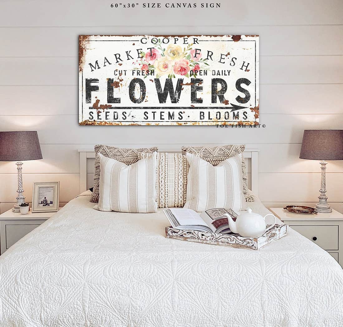 Market Fresh Flowers Sign handmade by ToeFishArt. Original, custom, personalized wall decor signs. Canvas, Wood or Metal. Rustic modern farmhouse, cottagecore, vintage, retro, industrial, Americana, primitive, country, coastal, minimalist.