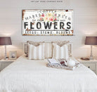 Market Fresh Flowers Sign handmade by ToeFishArt. Original, custom, personalized wall decor signs. Canvas, Wood or Metal. Rustic modern farmhouse, cottagecore, vintage, retro, industrial, Americana, primitive, country, coastal, minimalist.