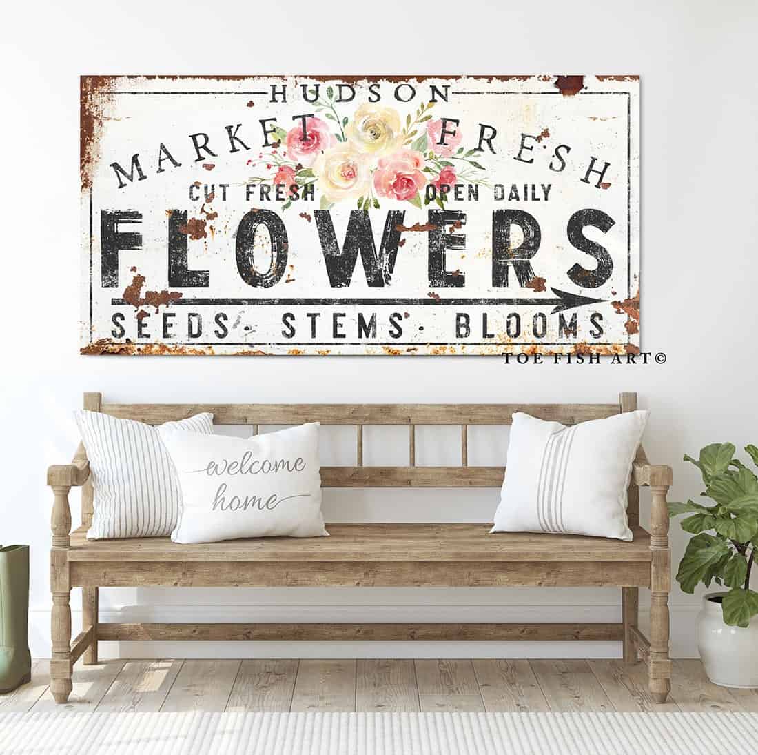 Market Fresh Flowers Sign handmade by ToeFishArt. Original, custom, personalized wall decor signs. Canvas, Wood or Metal. Rustic modern farmhouse, cottagecore, vintage, retro, industrial, Americana, primitive, country, coastal, minimalist.