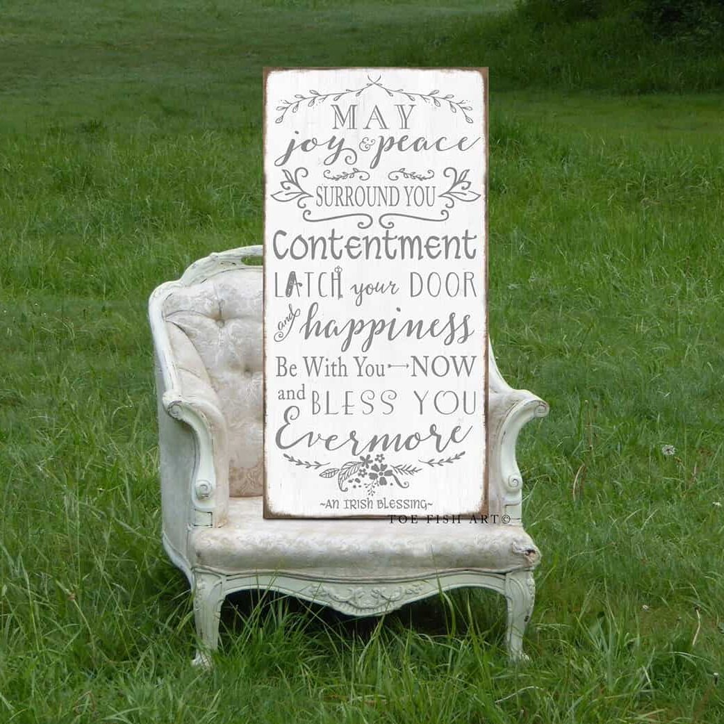 May Joy & Peace Surround You Sign handmade by ToeFishArt. Original, custom, personalized wall decor signs. Canvas, Wood or Metal. Rustic modern farmhouse, cottagecore, vintage, retro, industrial, Americana, primitive, country, coastal, minimalist.