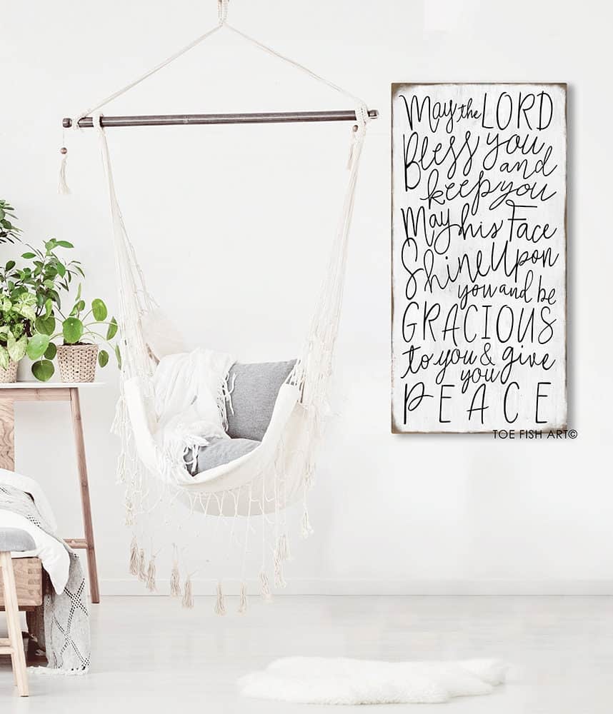 May the Lord Bless You and Keep You Sign handmade by ToeFishArt. Original, custom, personalized wall decor signs. Canvas, Wood or Metal. Rustic modern farmhouse, cottagecore, vintage, retro, industrial, Americana, primitive, country, coastal, minimalist.