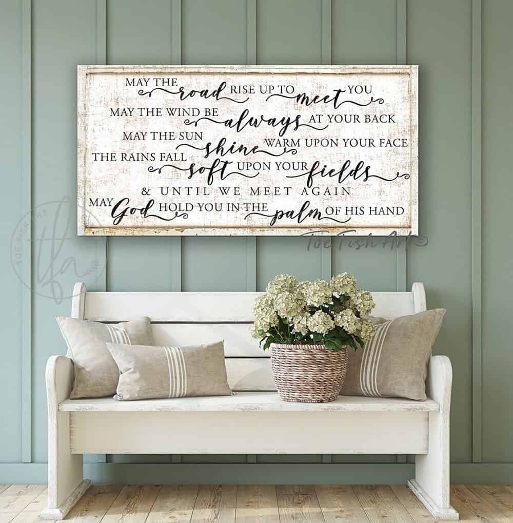 May the Road Rise Up to Meet You Sign handmade by ToeFishArt. Original, custom, personalized wall decor signs. Canvas, Wood or Metal. Rustic modern farmhouse, cottagecore, vintage, retro, industrial, Americana, primitive, country, coastal, minimalist.